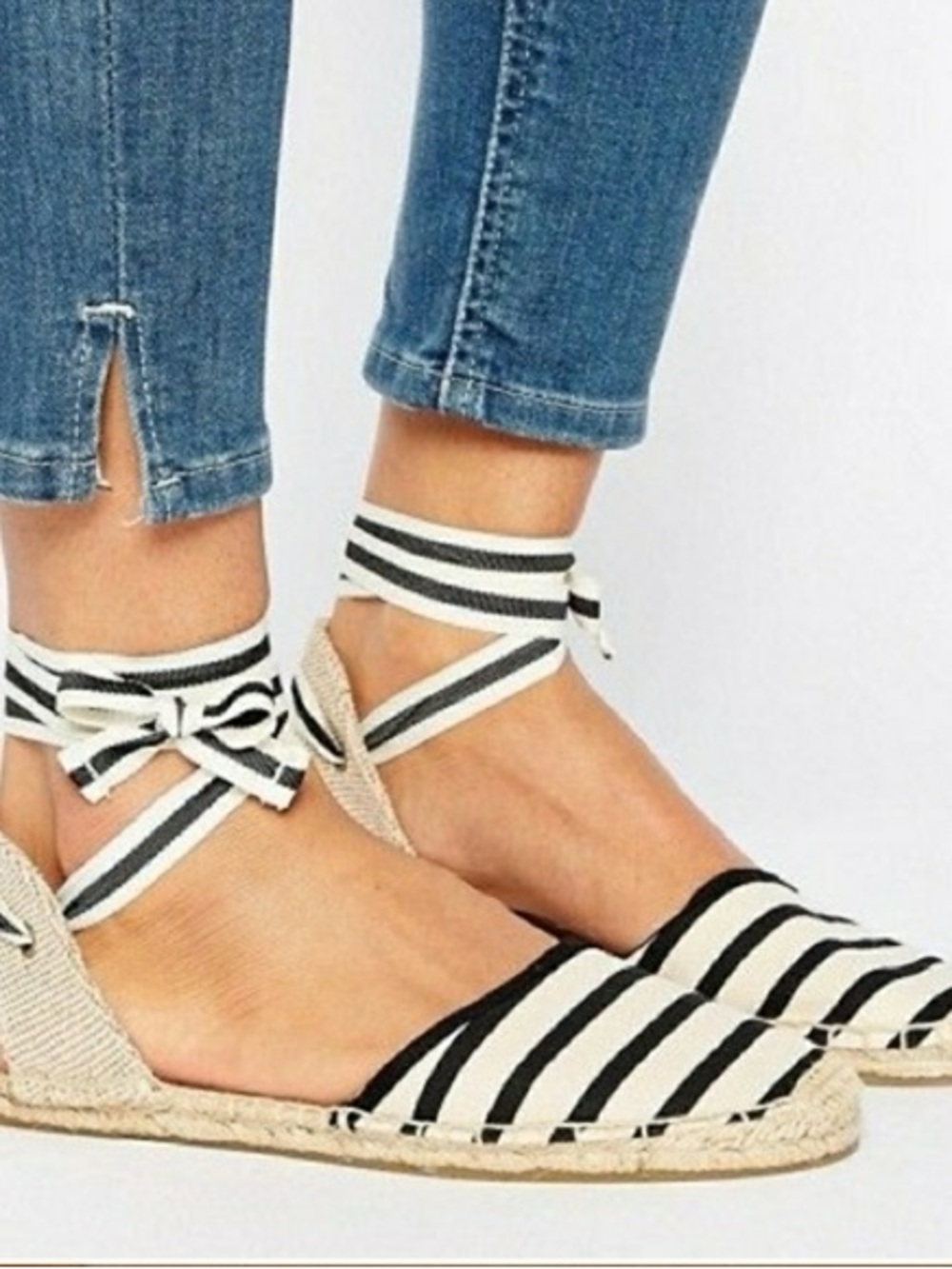 Soludos Black & White Striped Ankle-Tie Espadrille Flats